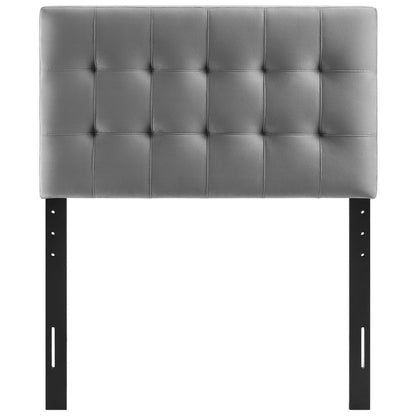 Lily Biscuit Tufted Performance Velvet Headboard gray with square tufting and black metal legs on Tampa Home & Garden Store