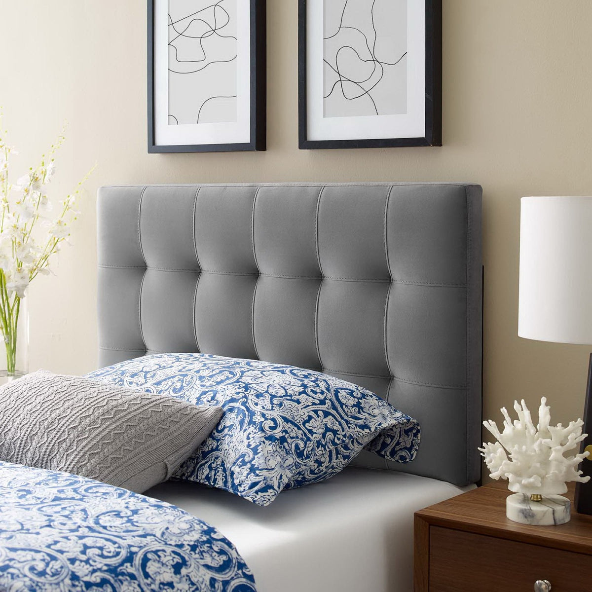 Lily Biscuit Tufted Performance Velvet Headboard in gray by Modway with upholstered panels on Tampa Home & Garden Store
