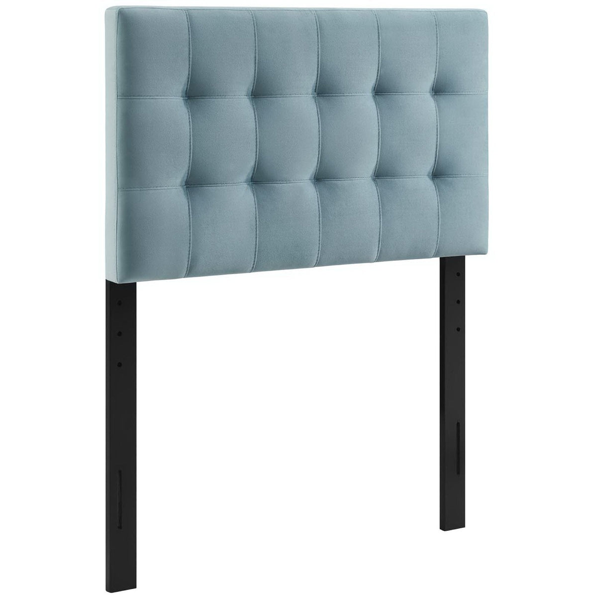 Lily Biscuit Tufted Performance Velvet Headboard in light blue with black metal legs on Tampa Home & Garden Store