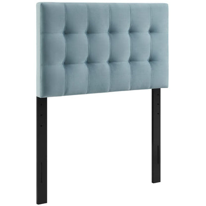 Lily Biscuit Tufted Performance Velvet Headboard in light blue with black metal legs on Tampa Home & Garden Store
