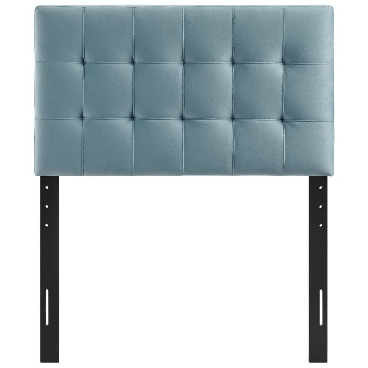 Lily Biscuit Tufted Velvet Headboard in teal with grid tufting and black metal legs on Tampa Home & Garden Store