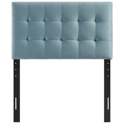 Lily Biscuit Tufted Velvet Headboard in teal with grid tufting and black metal legs on Tampa Home & Garden Store