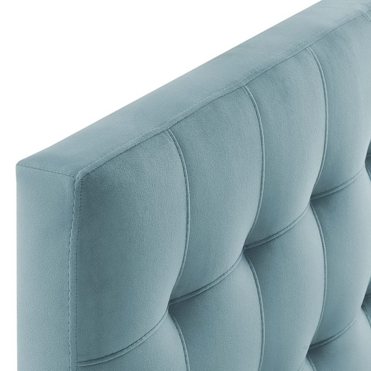 Lily Biscuit Tufted Performance Velvet Headboard in blue with stitched piping on Tampa Home & Garden Store