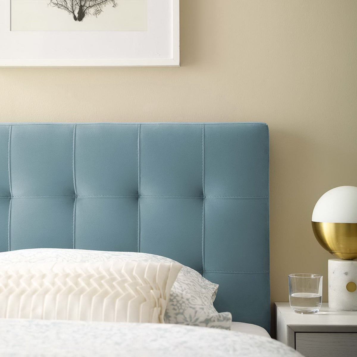 Lily Biscuit Tufted Performance Velvet Headboard in blue with square tufting by Modway on Tampa Home & Garden Store