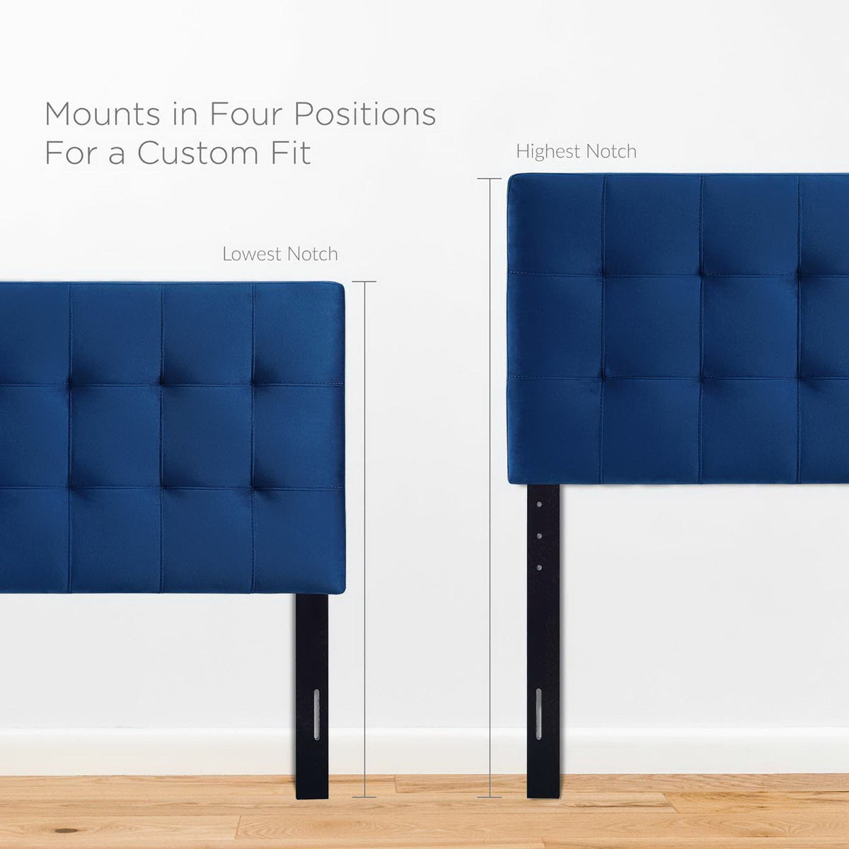 Lily Biscuit Tufted Velvet Headboard in blue with four-position mounts for a custom fit on Tampa Home & Garden Store