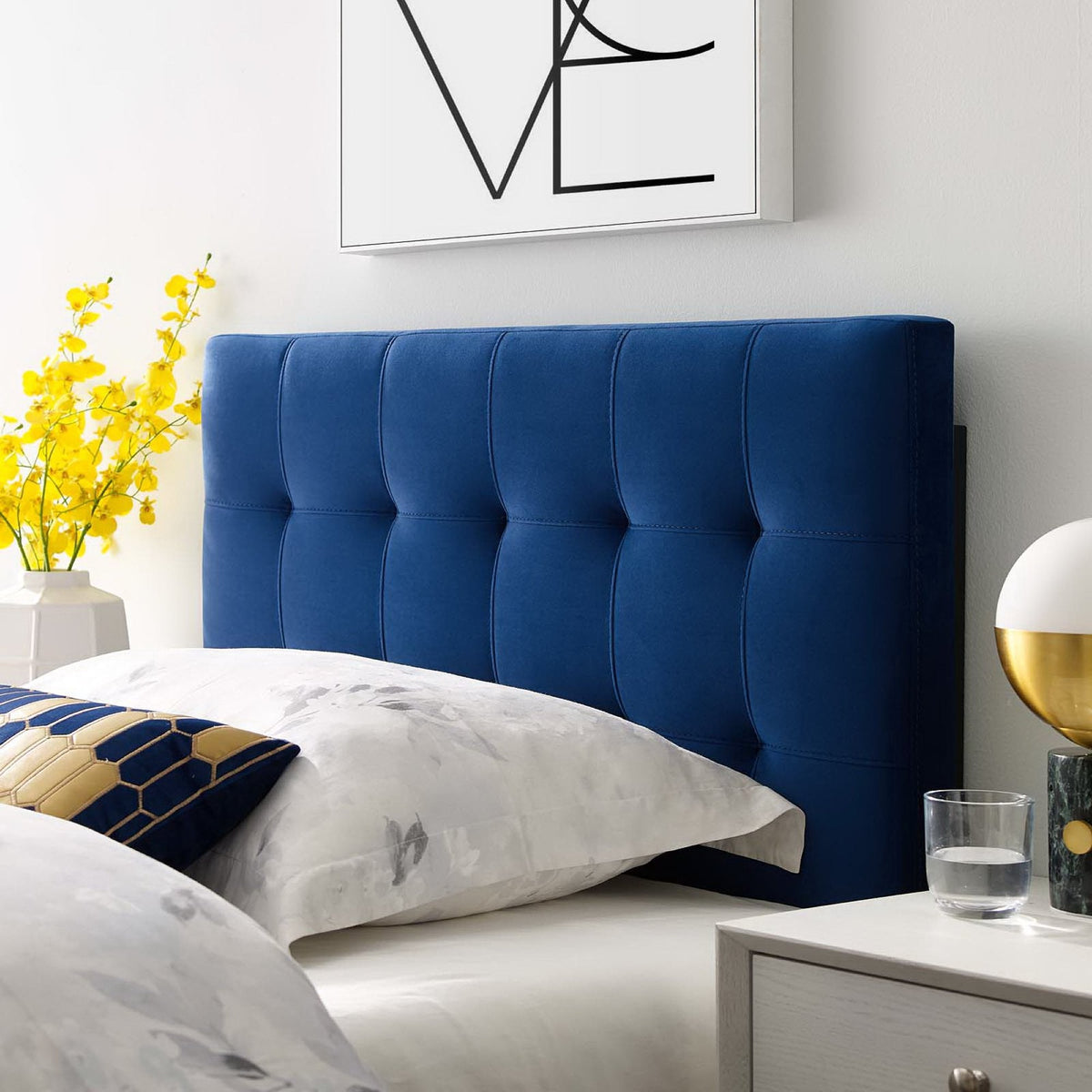 Lily Biscuit Tufted Performance Velvet Headboard in royal blue with vertical tufting on Tampa Home & Garden Store
