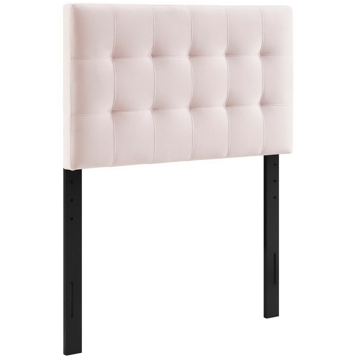 Lily Biscuit tufted velvet headboard in blush pink with square panels, black legs on Tampa Home & Garden Store