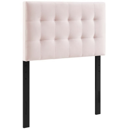 Lily Biscuit tufted velvet headboard in blush pink with square panels, black legs on Tampa Home & Garden Store