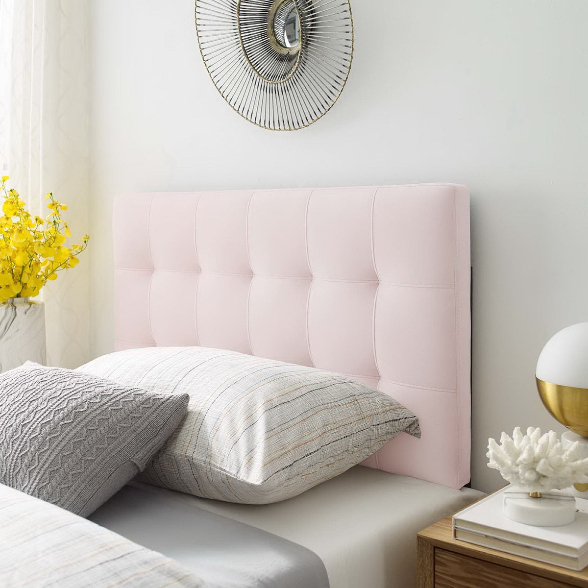 Lily Biscuit Tufted Performance Velvet Headboard by Modway in soft pink velvet with biscuit tufting on Tampa Home & Garden Store