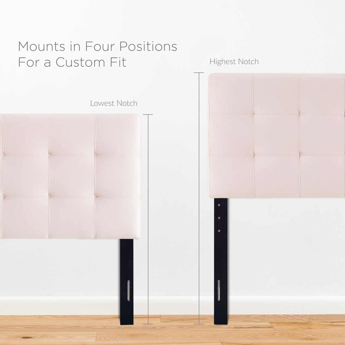 Headboard Lily Biscuit Tufted Velvet blush pink with square tufting and black mounting rails on Tampa Home & Garden Store