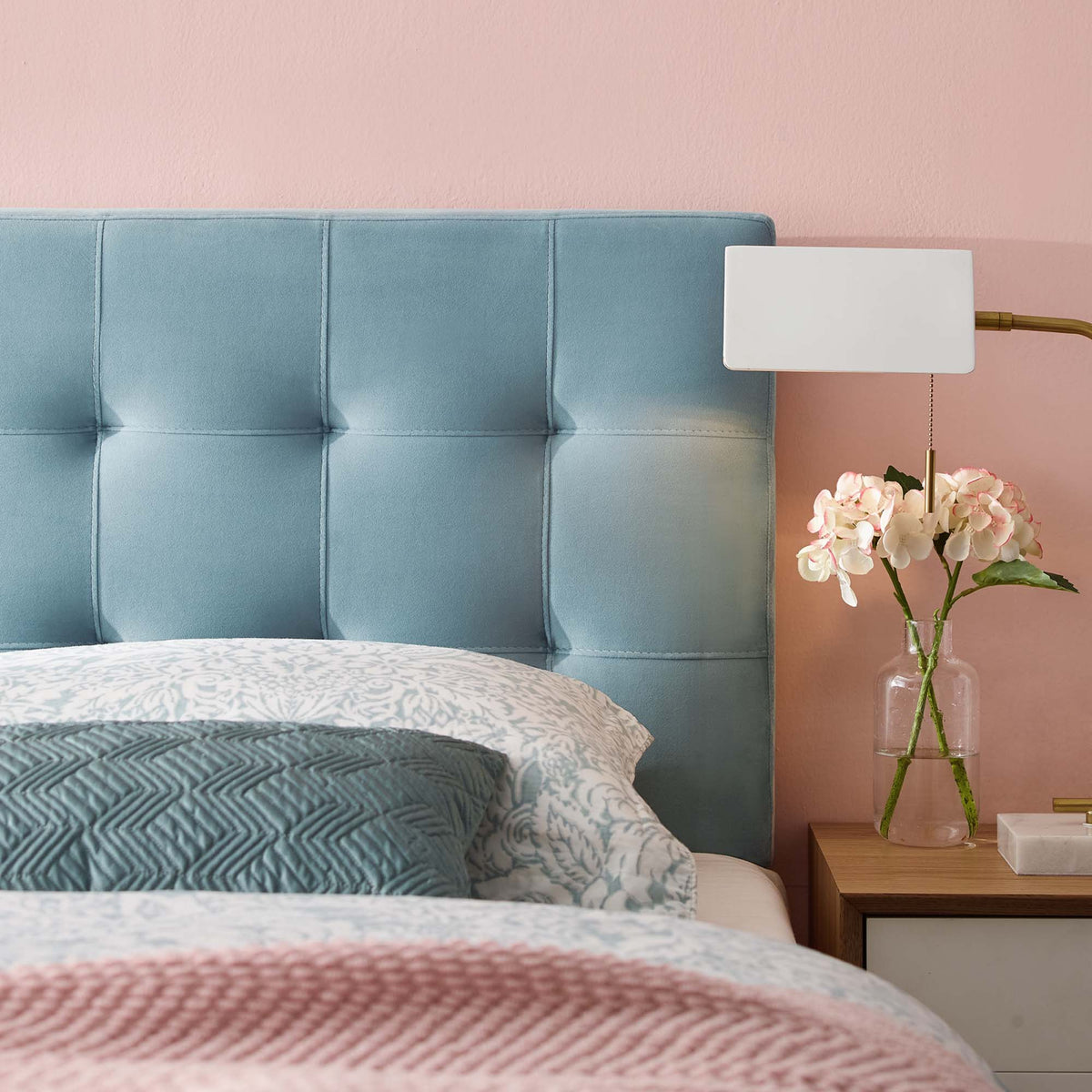 Lily Biscuit Tufted Performance Velvet Queen Headboard in blue with square tufting on Tampa Home & Garden Store