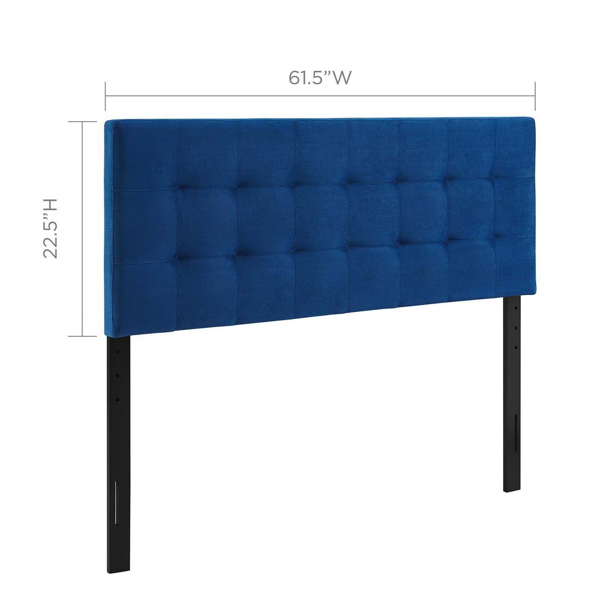 Lily Biscuit Tufted Queen Headboard blue velvet with tufted squares and black metal legs on Tampa Home & Garden Store