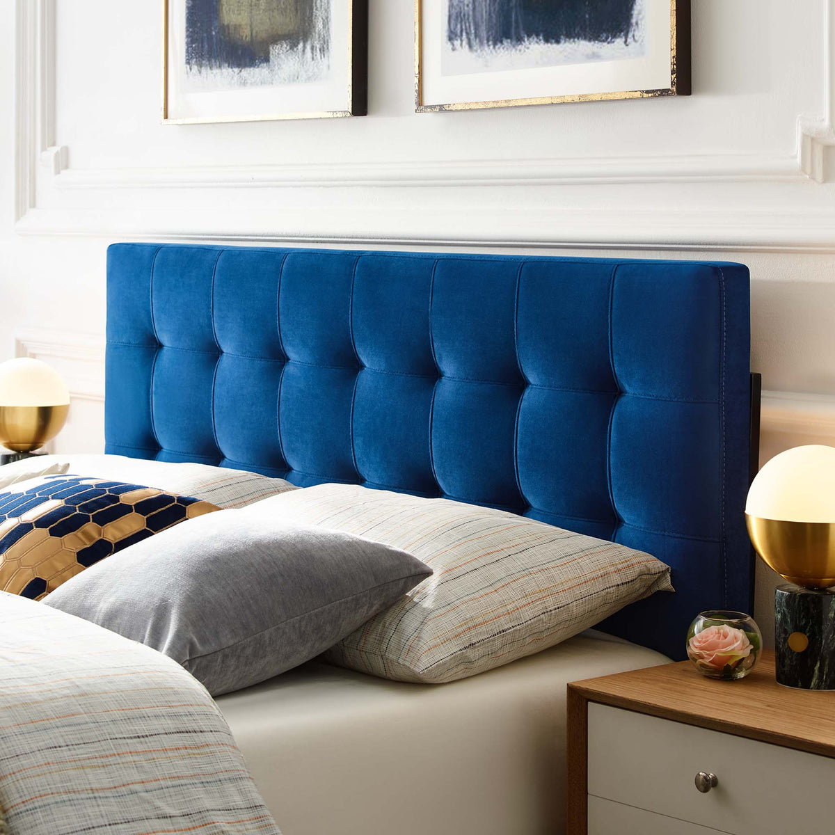 Lily Biscuit Tufted Performance Velvet Queen Headboard royal blue with tufted stitching on Tampa Home & Garden Store