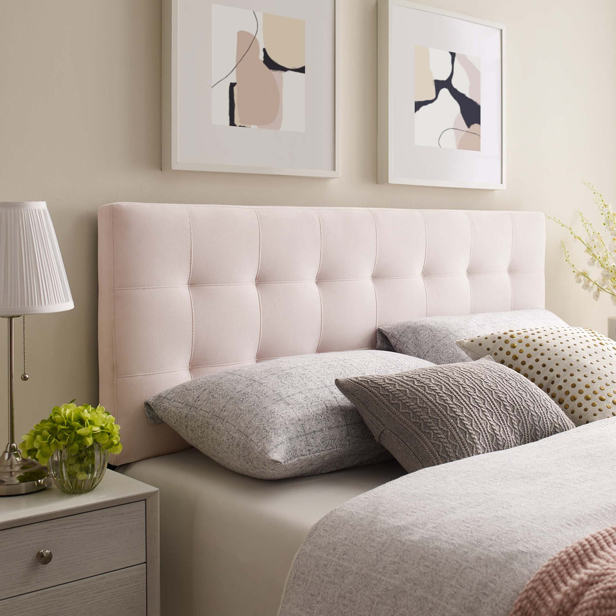 Lily Biscuit Tufted Queen Headboard in beige velvet with grid tufting, abstract wall art on Tampa Home & Garden Store