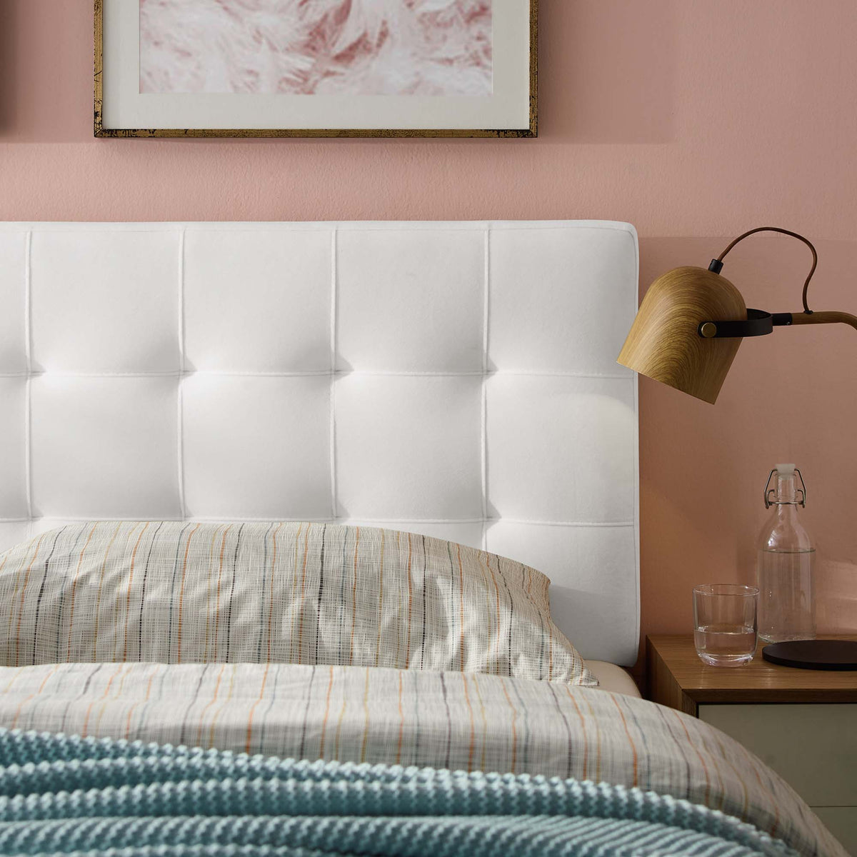 Lily Biscuit Tufted Performance Velvet Headboard by Modway, white upholstered against pink wall on Tampa Home & Garden Store