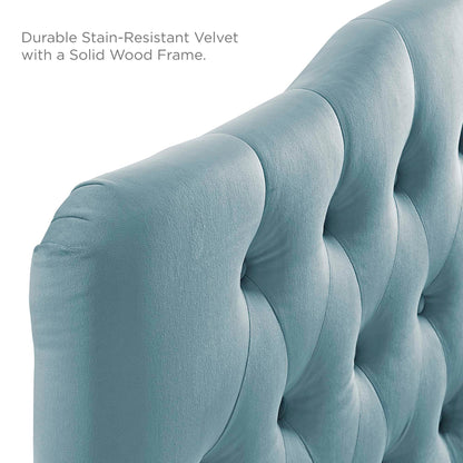 Annabel Diamond Tufted King Headboard in blue performance velvet with diamond tufting on Tampa Home & Garden Store