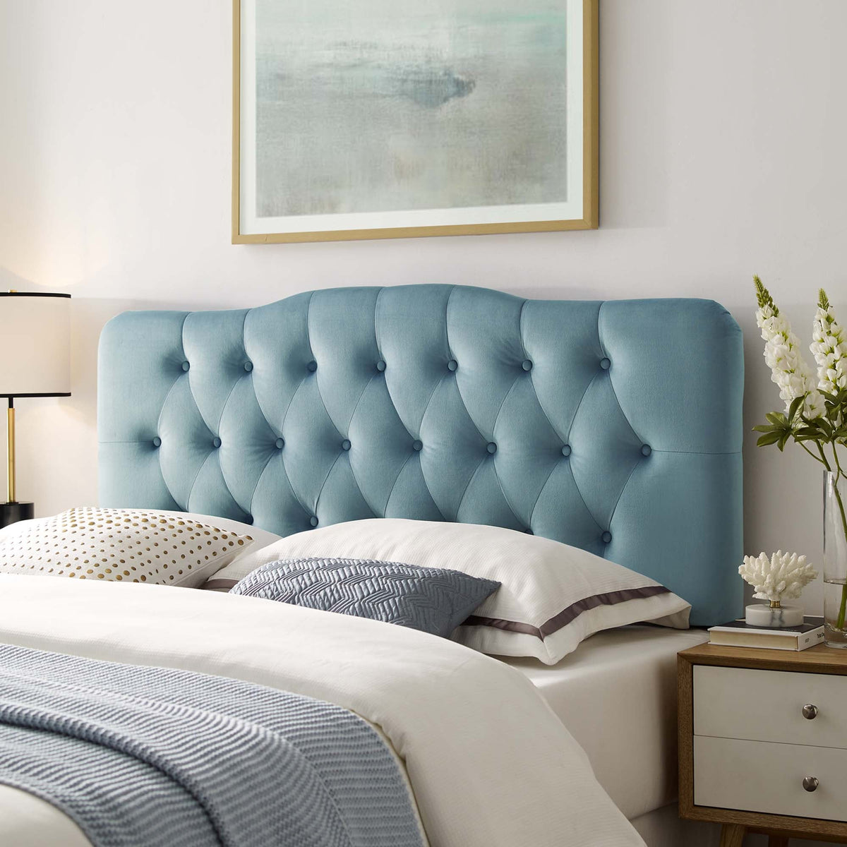 Annabel Diamond Tufted Performance Velvet King Headboard in blue with diamond tufting on Tampa Home & Garden Store