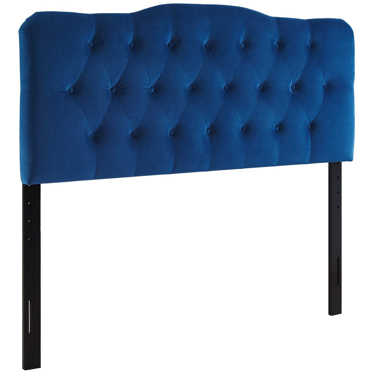 Annabel Diamond Tufted Headboard Queen, royal blue velvet with diamond tufting, metal legs on Tampa Home & Garden Store