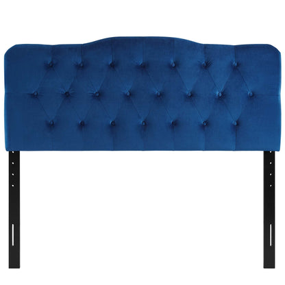 Annabel Diamond Tufted Queen Headboard in deep blue velvet with diamond tufting and legs on Tampa Home & Garden Store