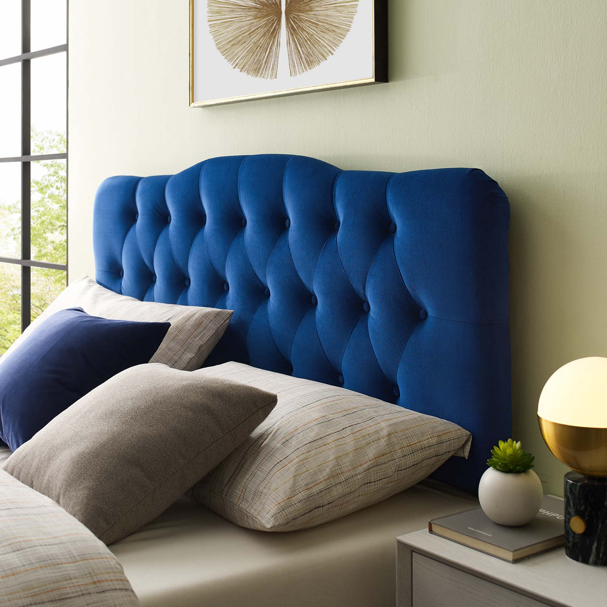 Annabel Diamond Tufted Performance Velvet Queen Headboard blue velvet by HouseOfZazla on Tampa Home & Garden Store