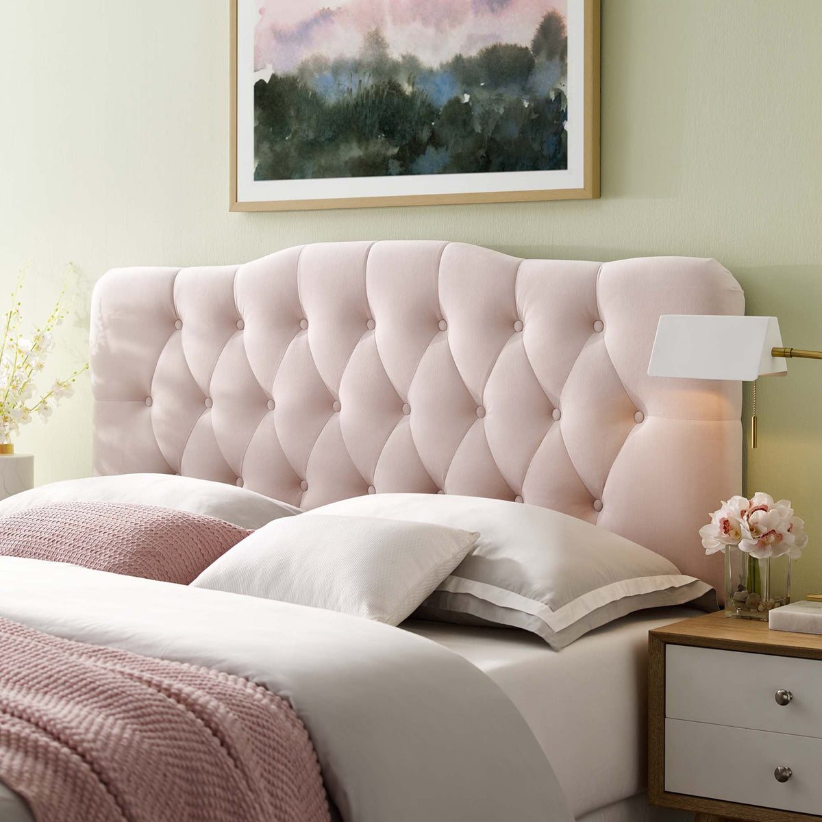 Annabel Diamond Tufted Queen Headboard in blush performance velvet by HouseOfZazla on Tampa Home & Garden Store