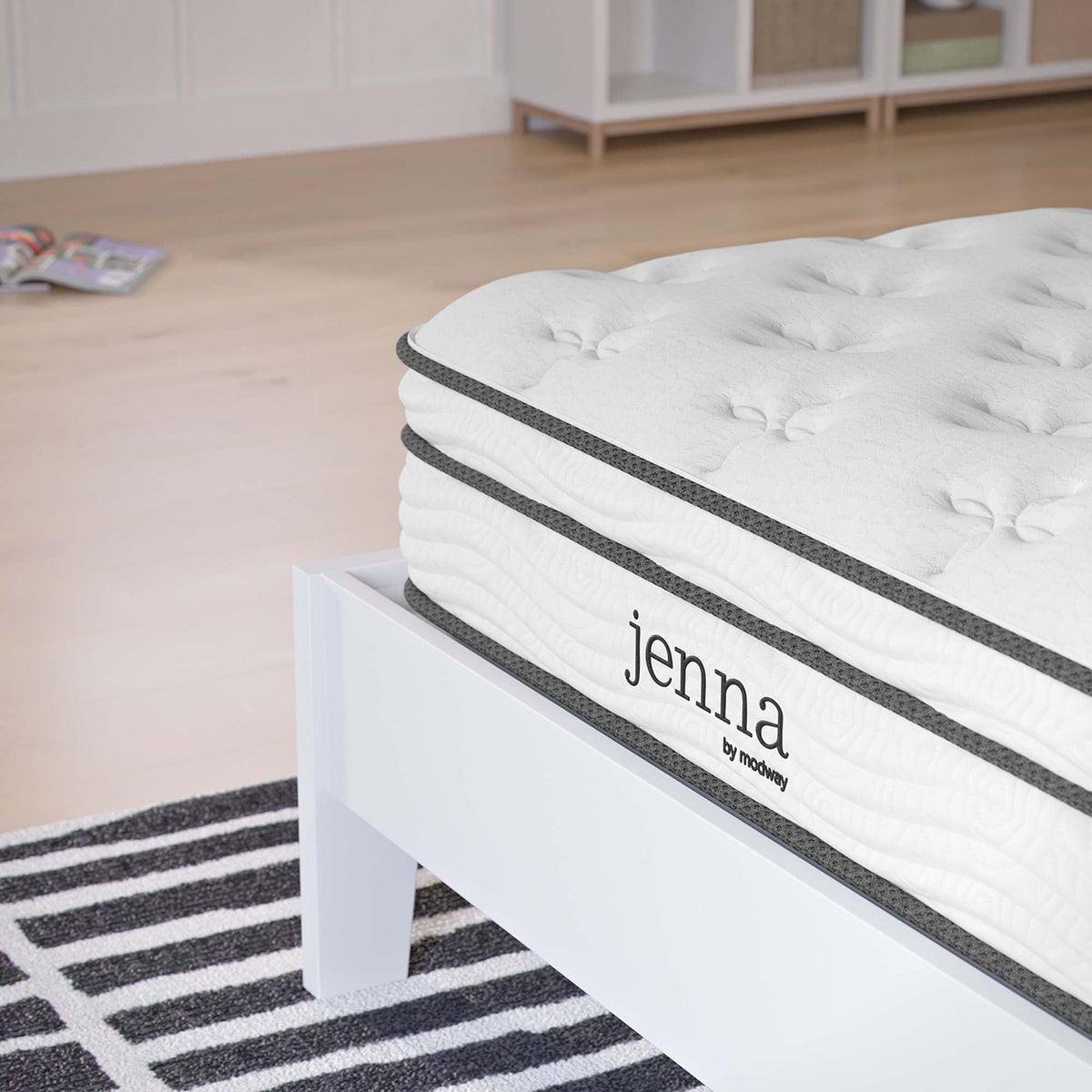 Twin Jenna 8in innerspring foam mattress, white quilted cover with dark gray edge bands on Tampa Home & Garden Store