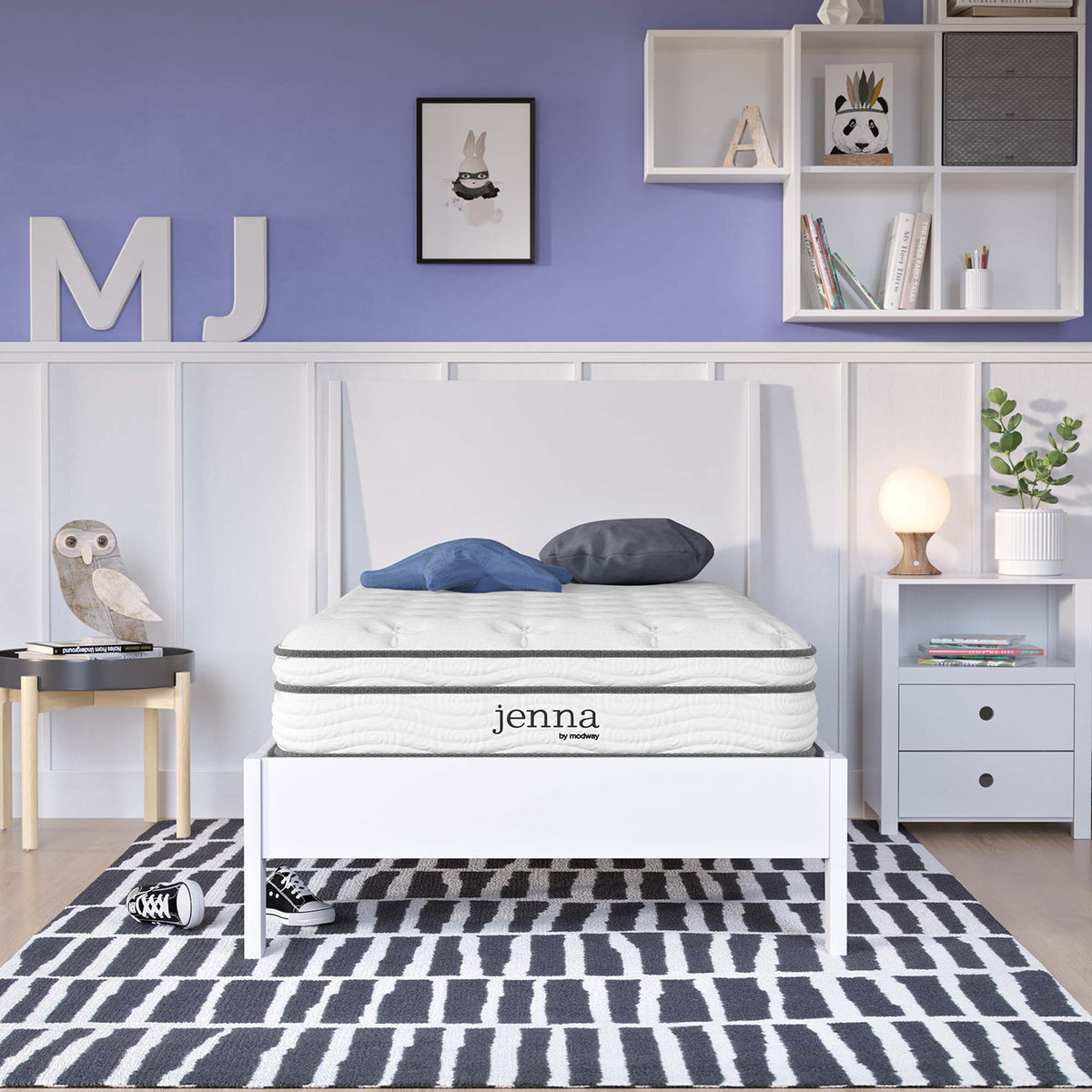 Jenna twin 8in innerspring foam mattress by Modway with white cover in a purple bedroom on Tampa Home & Garden Store