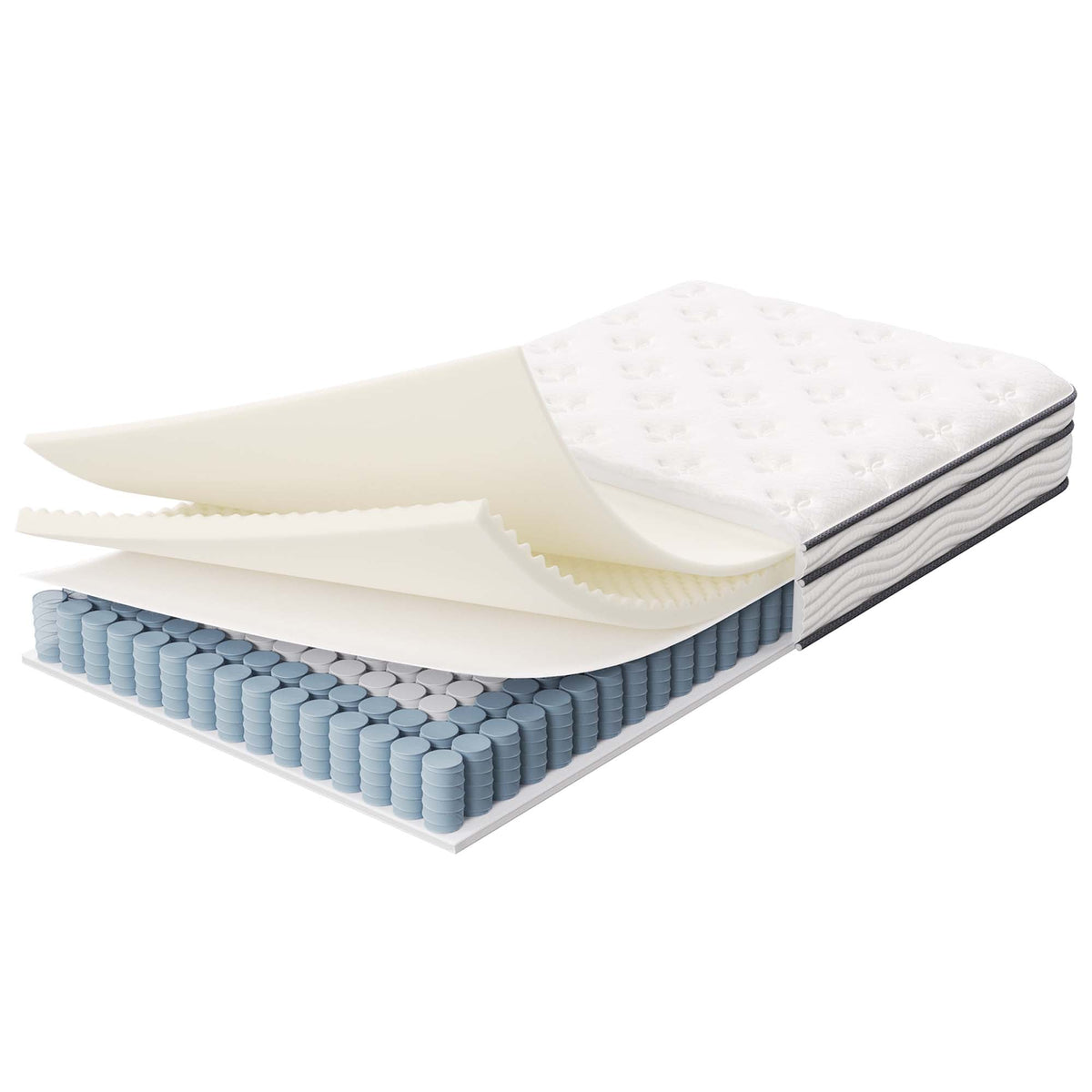Jenna 8in innerspring foam twin mattress cutaway with blue coil support and white quilted top on Tampa Home & Garden Store