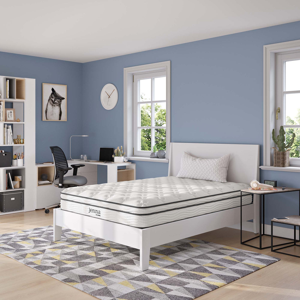 Jenna 8in Innerspring Foam Mattress Twin by Modway on white bed in blue room on Tampa Home & Garden Store