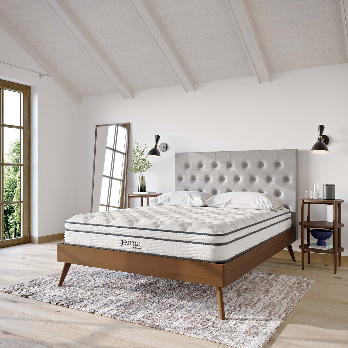 Jenna 8in innerspring foam twin mattress by Modway on a platform bed in a bright bedroom on Tampa Home & Garden Store