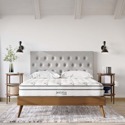 Twin Jenna 8in innerspring foam mattress by Modway on wooden platform bed with grey tufted headboard on Tampa Home & Garden Store