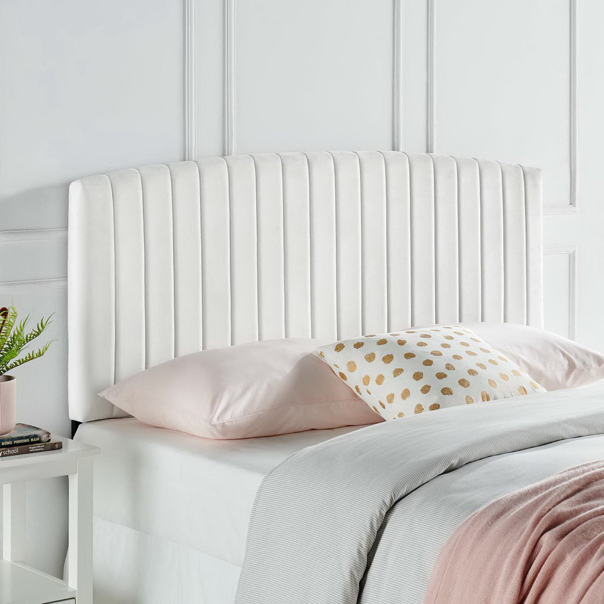 Rebecca Performance Velvet Twin Headboard white upholstered with channel tufting on Tampa Home & Garden Store