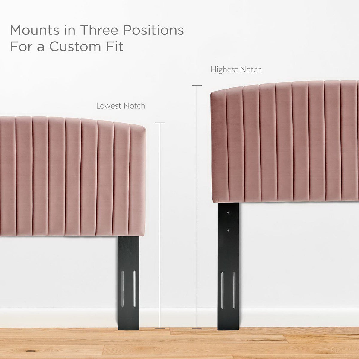 Two Rebecca Velvet Full/Queen headboards blush pink vertical tufting on black mounts on Tampa Home & Garden Store