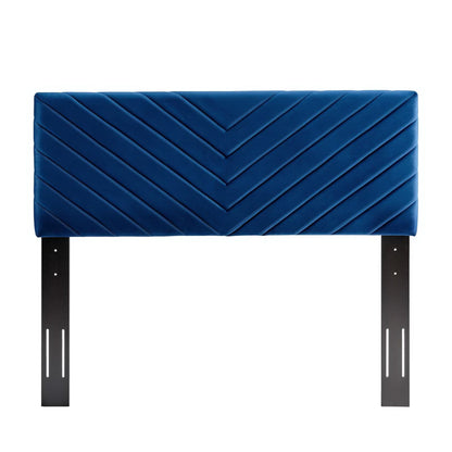Alyson Angular Channel Tufted Headboard in royal blue velvet with chevron stitch and metal legs on Tampa Home & Garden Store