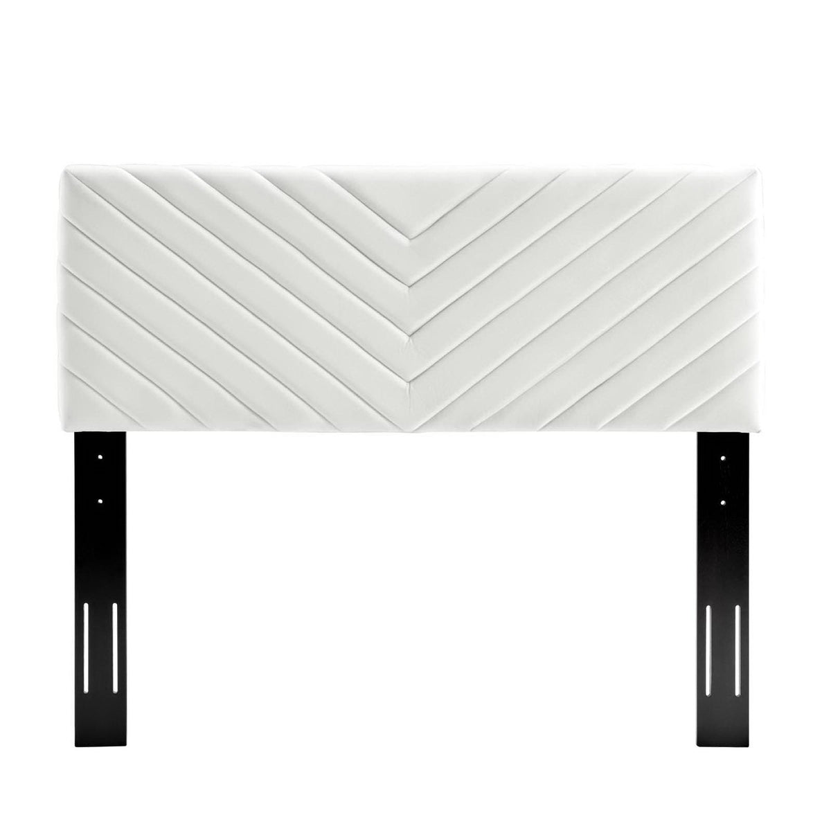 White Alyson Angular Channel Tufted Velvet Headboard with chevron stitching and black legs on Tampa Home & Garden Store