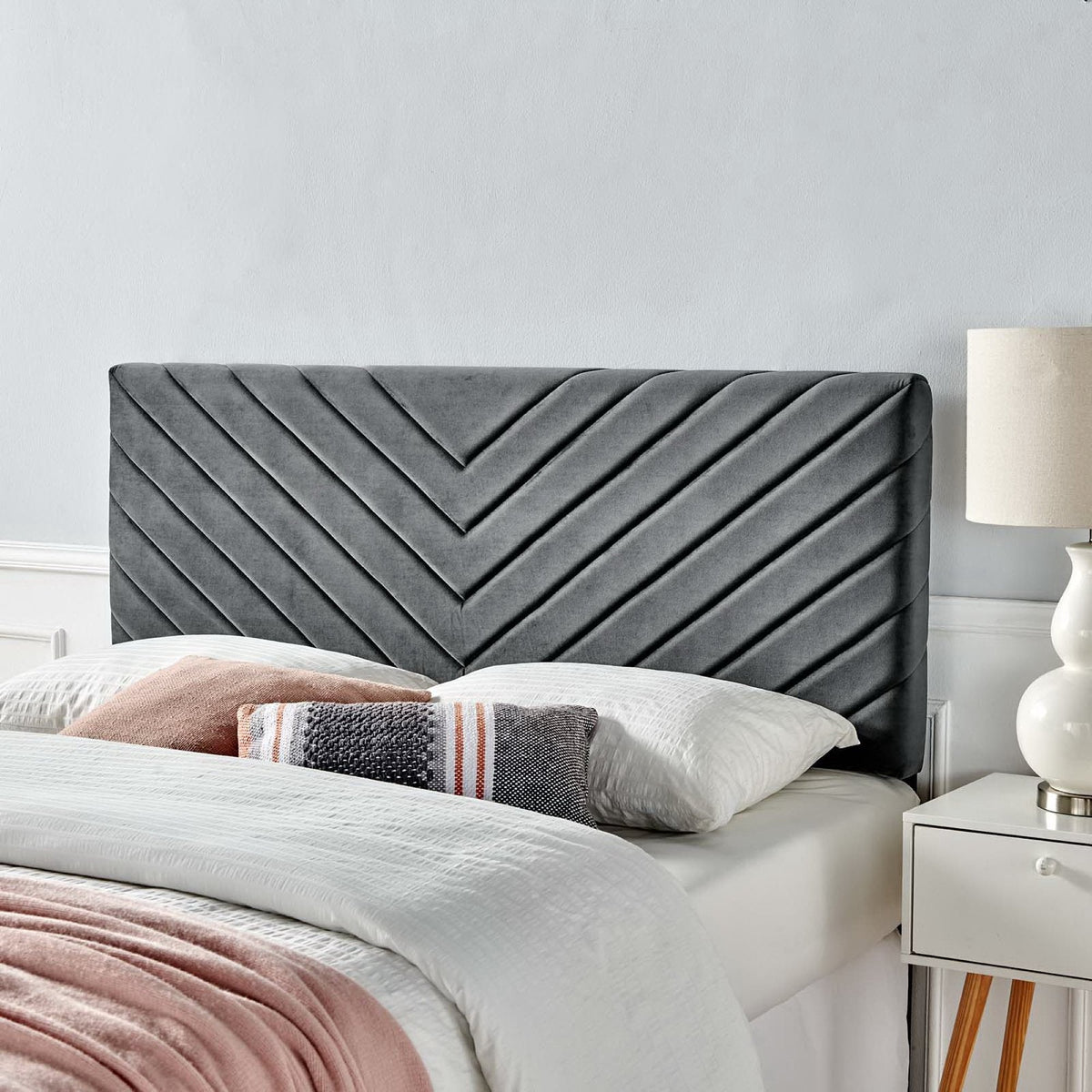 Alyson Angular Channel Tufted Velvet Headboard in charcoal gray with diagonal tufting by Modway on Tampa Home & Garden Store