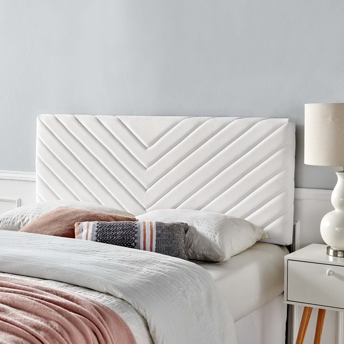 Alyson Angular Channel Tufted Performance Velvet Headboard in white with chevron quilting on Tampa Home & Garden Store