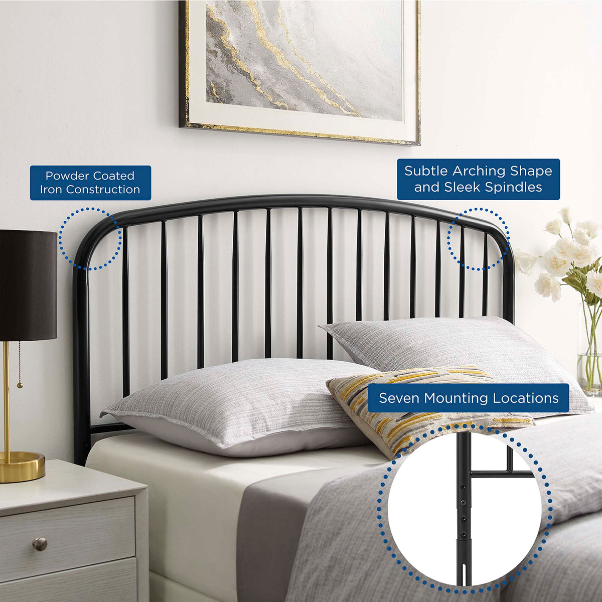 Nova Metal Queen Headboard black powder-coated iron by Modway with seven mounting locations on Tampa Home & Garden Store