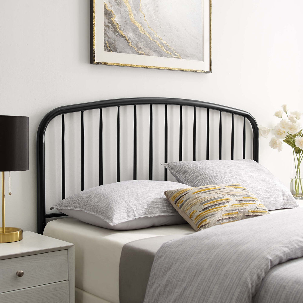 Nova Metal Queen Headboard by Modway, black metal with curved top and vertical rails on Tampa Home & Garden Store