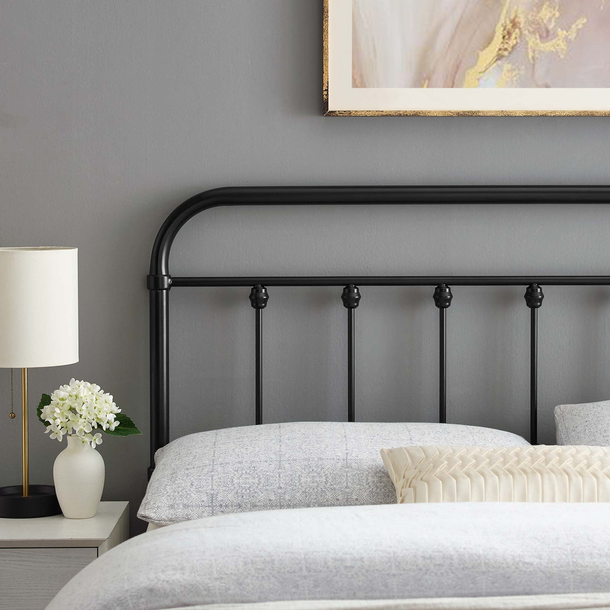 Sage Metal Headboard by Modway, black wrought-iron with curved rails in a gray bedroom on Tampa Home & Garden Store
