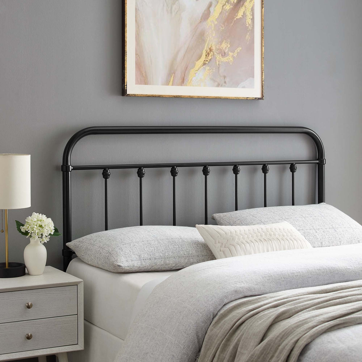 Sage Metal Headboard by Modway; black metal headboard with curved top rail and round finials on Tampa Home & Garden Store