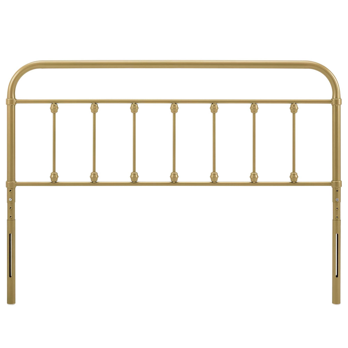 Sage metal headboard by Modway in gold finish with rounded top rail and vertical spindles on a bed on Tampa Home & Garden Store