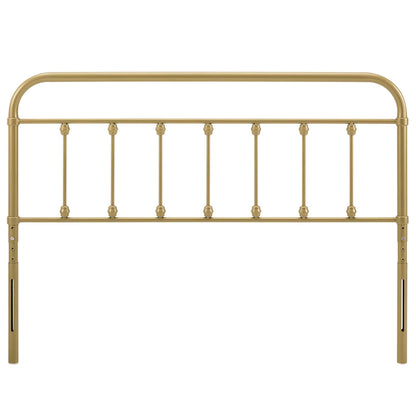 Sage metal headboard by Modway in gold finish with rounded top rail and vertical spindles on a bed on Tampa Home & Garden Store