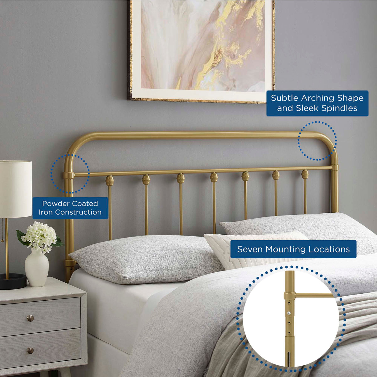 Sage Metal Headboard by Modway in brass-tone powder-coated iron with seven mounting points on Tampa Home & Garden Store