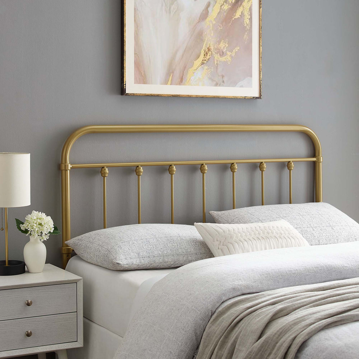 Sage Metal Headboard by Modway, brass-gold metal frame and posts in a modern bedroom on Tampa Home & Garden Store