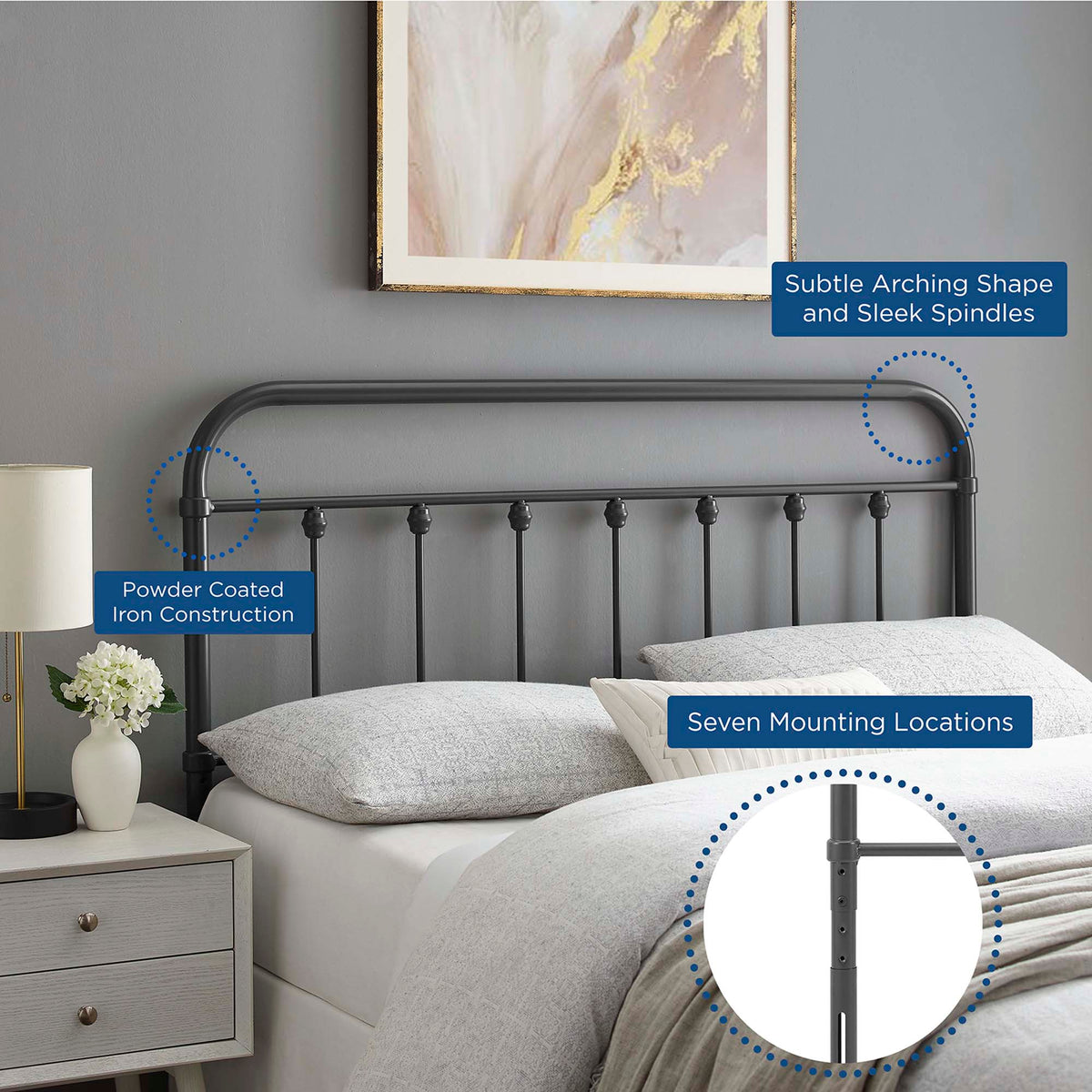 Sage metal headboard with powder-coated iron construction and slim spindle detailing on Tampa Home & Garden Store
