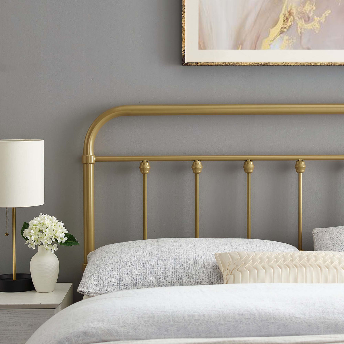 Sage metal headboard by Modway with a gold brass finish and curved metal frame on Tampa Home & Garden Store