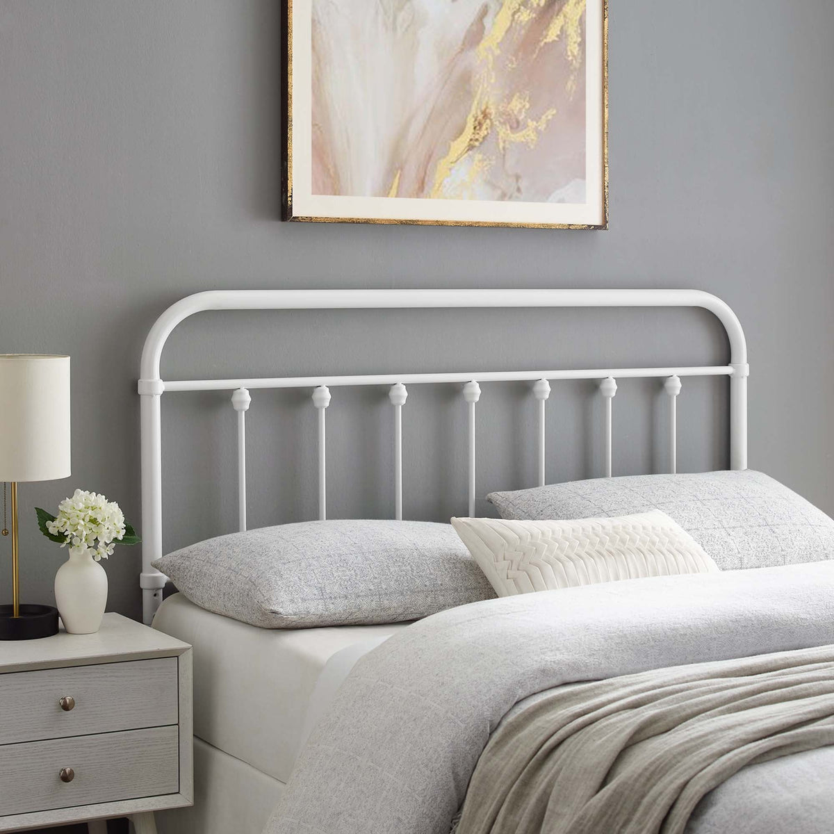 Sage Metal Headboard by Modway, white metal headboard with curved top rail and slender spindles on Tampa Home & Garden Store