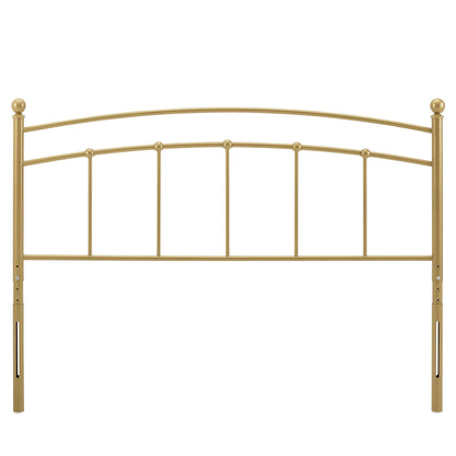 Abigail Metal Headboard gold finish with curved top rails and vertical spindles on Tampa Home & Garden Store