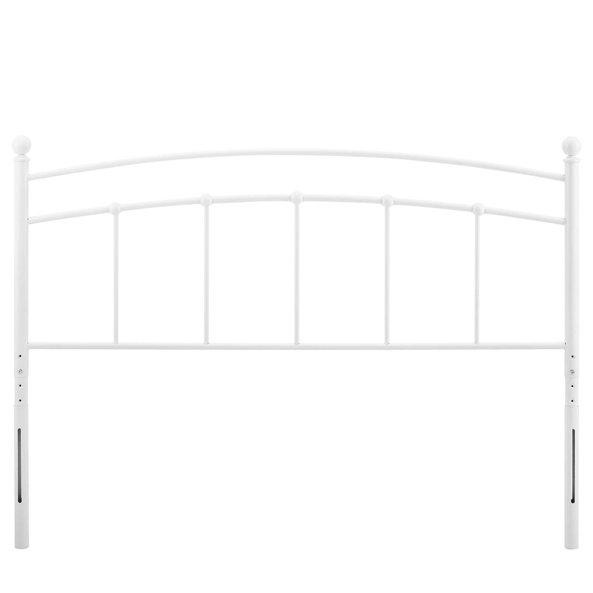 Abigail Metal Headboard white curved arch top with vertical bars and ball finials on posts on Tampa Home & Garden Store